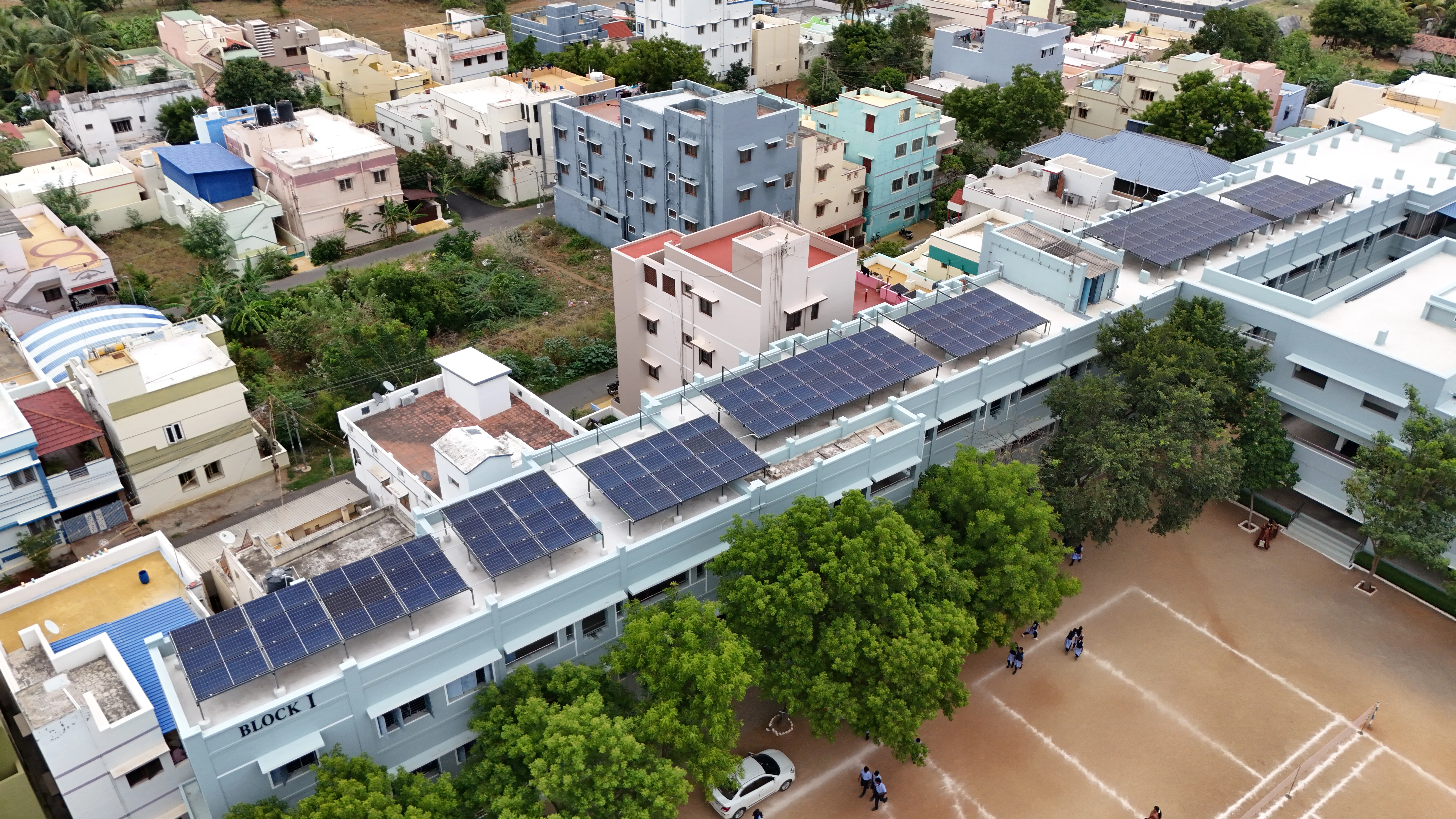 Rooftop solar installation architectural aerial view